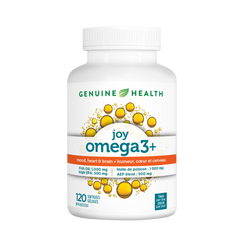 Genuine Health omega3+ joy 120 capsules supplement bottle on a white background