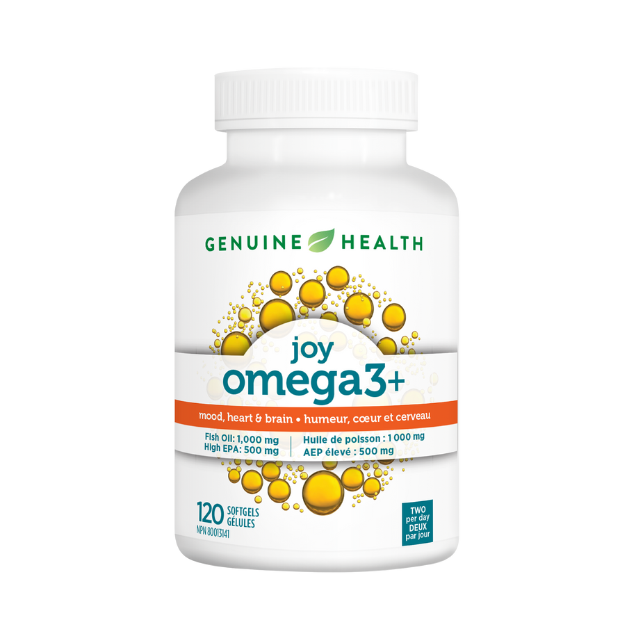 Genuine Health omega3+ joy 120 capsules supplement bottle on a white background