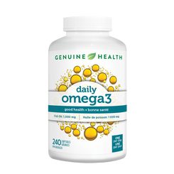 A bottle of Genuine Health daily omega3 supplement, to support overall good health |1000mg |240 softgels |240 gelules