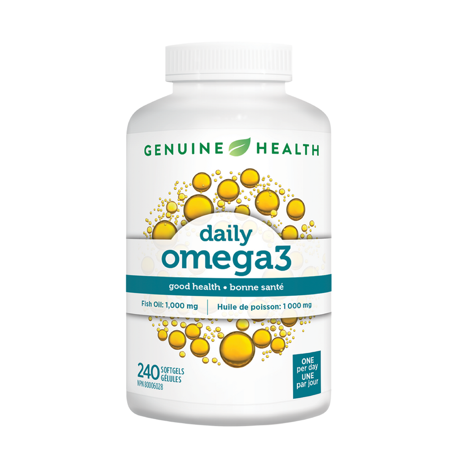 A bottle of Genuine Health daily omega3 supplement, to support overall good health |1000mg |240 softgels |240 gelules
