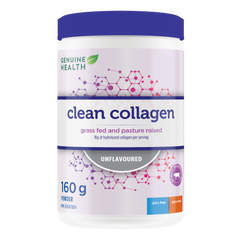 A container of Genuine Health bovine collagen powder, unflavored, with the brand and product information displayed on the label |16 servings| EN