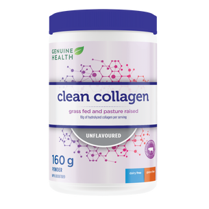 A container of Genuine Health bovine collagen powder, unflavored, with the brand and product information displayed on the label |16 servings| EN
