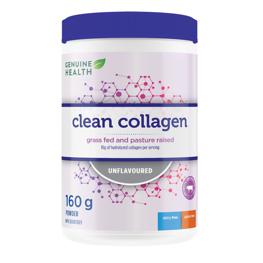 A container of Genuine Health bovine collagen powder, unflavored, with the brand and product information displayed on the label |16 servings| EN