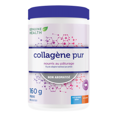 A container of Genuine Health bovine collagen powder, unflavored, with the brand and product information displayed on the label |16 portions| FR