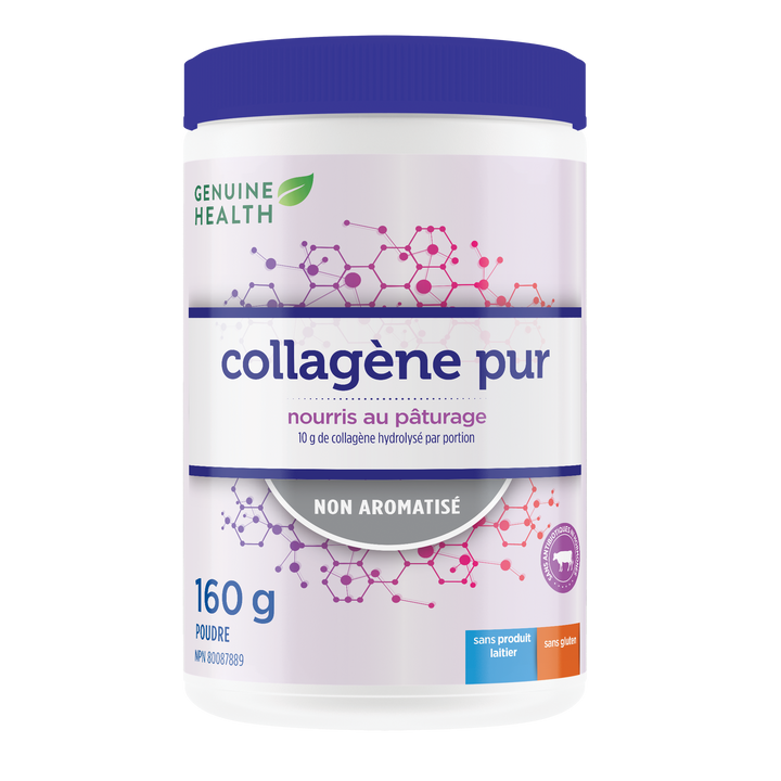 A container of Genuine Health bovine collagen powder, unflavored, with the brand and product information displayed on the label |16 portions| FR