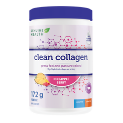A container of Genuine Health bovine collagen powder, pineapple berry, with the brand and product information displayed on the label |16 servings| EN