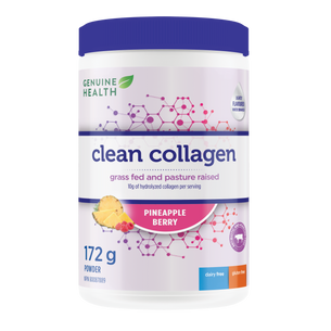 A container of Genuine Health bovine collagen powder, pineapple berry, with the brand and product information displayed on the label |16 servings| EN