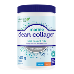 A container of Genuine Health marine clean collagen powder, unflavored, with the brand and product information displayed on the label |14 servings| EN