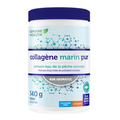 A container of Genuine Health marine clean collagen powder, unflavored, with the brand and product information displayed on the label |14 portions| FR