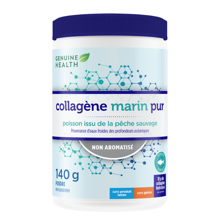 A container of Genuine Health marine clean collagen powder, unflavored, with the brand and product information displayed on the label |14 portions| FR