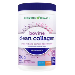 A container of Genuine Health bovine collagen powder, unflavored, with the brand and product information displayed on the label |28 servings| EN
