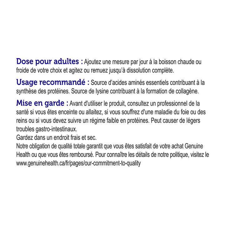 A container of Genuine Health bovine collagen powder unflavored directions | FR