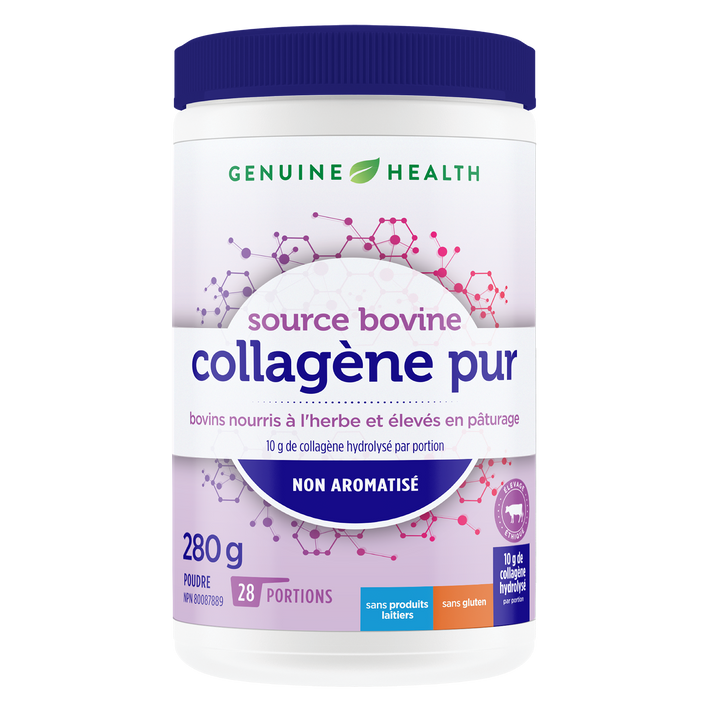 A container of Genuine Health bovine collagen powder, unflavored, with the brand and product information displayed on the label |28 portions| FR