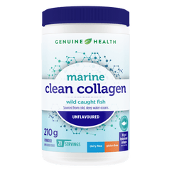 A container of Genuine Health marine clean collagen powder, unflavored, with the brand and product information displayed on the label |21 servings| EN