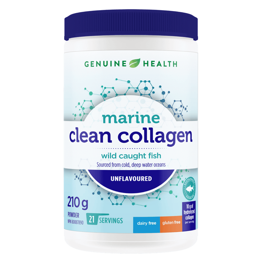 A container of Genuine Health marine clean collagen powder, unflavored, with the brand and product information displayed on the label |21 servings| EN