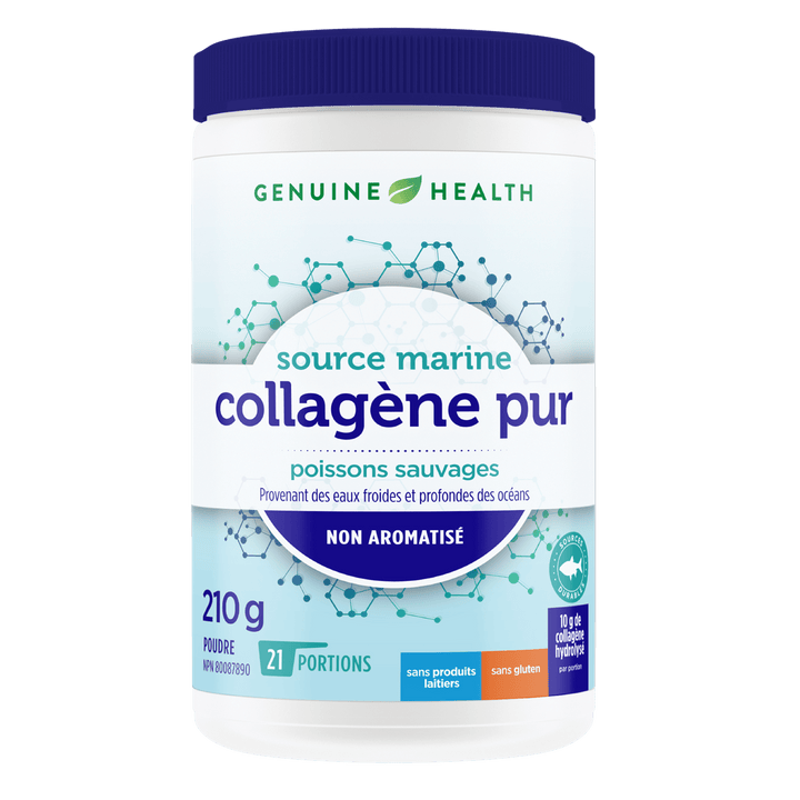 A container of Genuine Health marine clean collagen powder, unflavored, with the brand and product information displayed on the label |21 portions| FR
