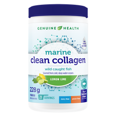 A container of Genuine Health marine clean collagen powder, lemon lime, with the brand and product information displayed on the label |21 Servings| EN