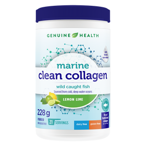 A container of Genuine Health marine clean collagen powder, lemon lime, with the brand and product information displayed on the label |21 Servings| EN