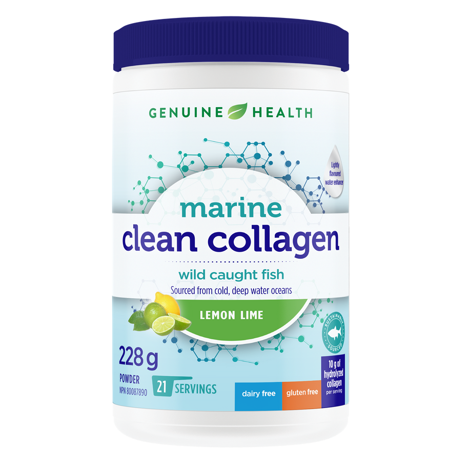 A container of Genuine Health marine clean collagen powder, lemon lime, with the brand and product information displayed on the label |21 Servings| EN