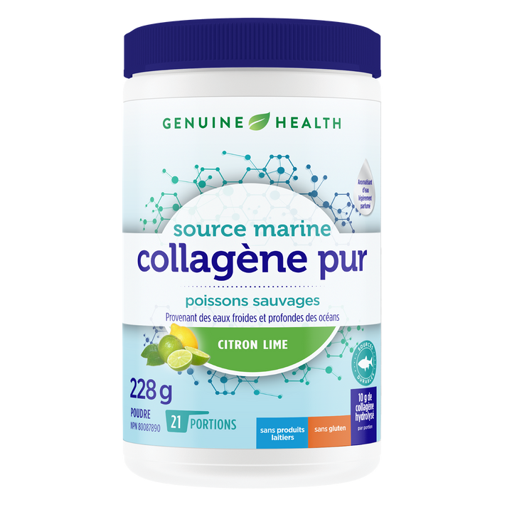 A container of Genuine Health marine clean collagen powder, lemon lime, with the brand and product information displayed on the label |21 portions| FR