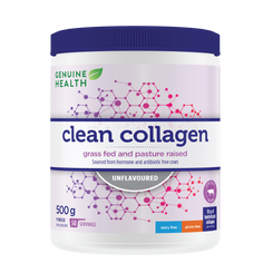 A container of Genuine Health bovine collagen powder, unflavored, with the brand and product information displayed on the label |50 servings| EN