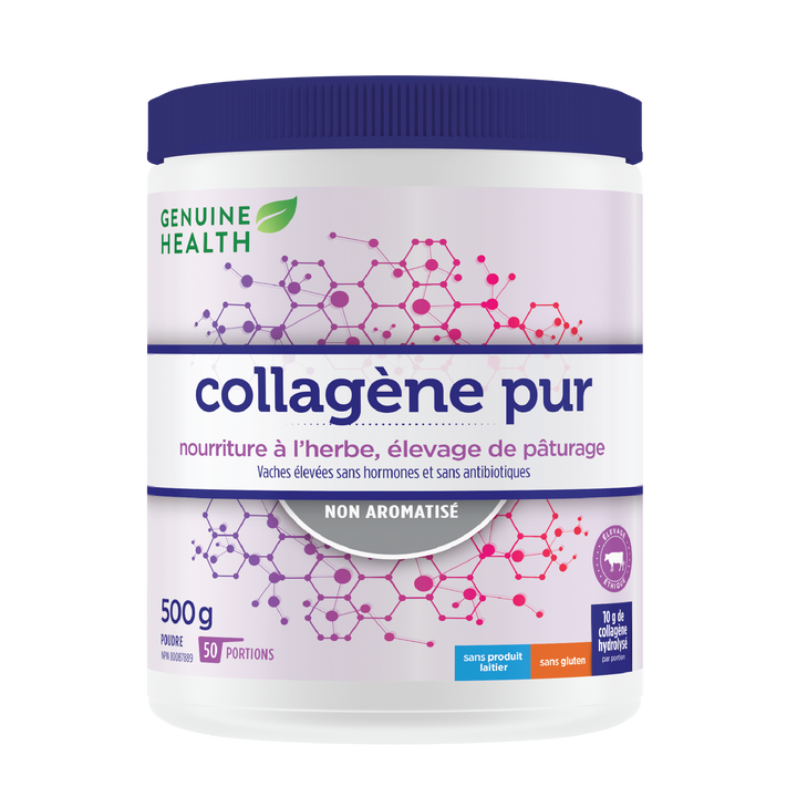 A container of Genuine Health bovine collagen powder, unflavored, with the brand and product information displayed on the label |50 portions| FR