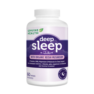 A bottle of 'Deep Sleep' supplement by Genuine Health with organic reishi mushroom, containing 60 capsules for supporting a healthy sleep cycle