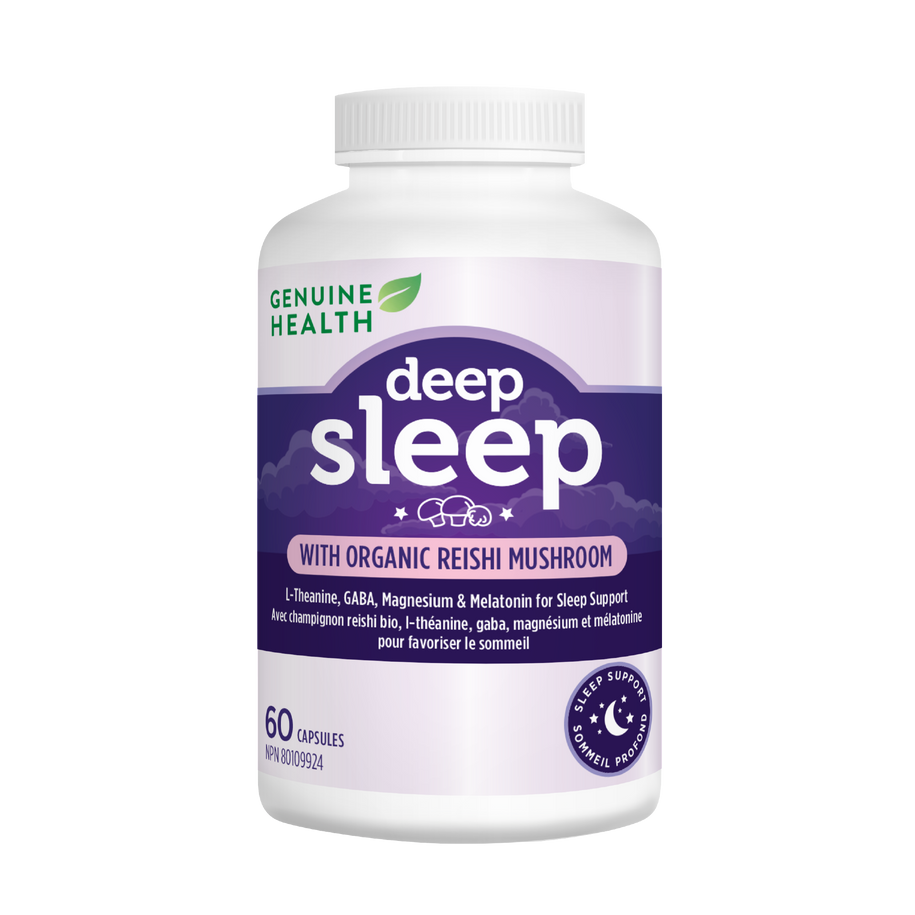 A bottle of 'Deep Sleep' supplement by Genuine Health with organic reishi mushroom, containing 60 capsules for supporting a healthy sleep cycle