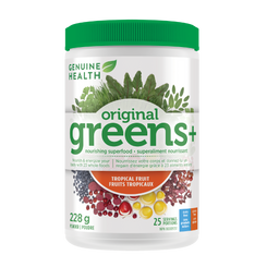 A container of Genuine Health original greens+ powder in tropical fruit flavor, which is a supplement designed to provide foundational nutrition for the whole body in one easy scoop.| 25 servings