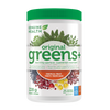 A container of Genuine Health original greens+ powder in tropical fruit flavor, which is a supplement designed to provide foundational nutrition for the whole body in one easy scoop.| 25 servings