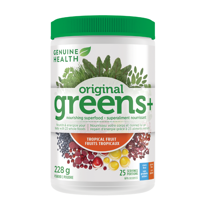 A container of Genuine Health original greens+ powder in tropical fruit flavor, which is a supplement designed to provide foundational nutrition for the whole body in one easy scoop.| 25 servings