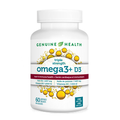 Omega-3 plus D3 supplement bottle from Genuine Health to support heart and immune health. Only one a day |60 softgels