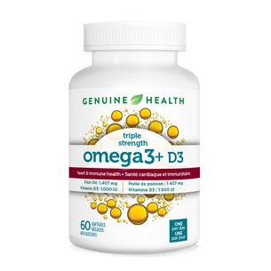 Omega-3 plus D3 supplement bottle from Genuine Health to support heart and immune health. Only one a day |60 softgels
