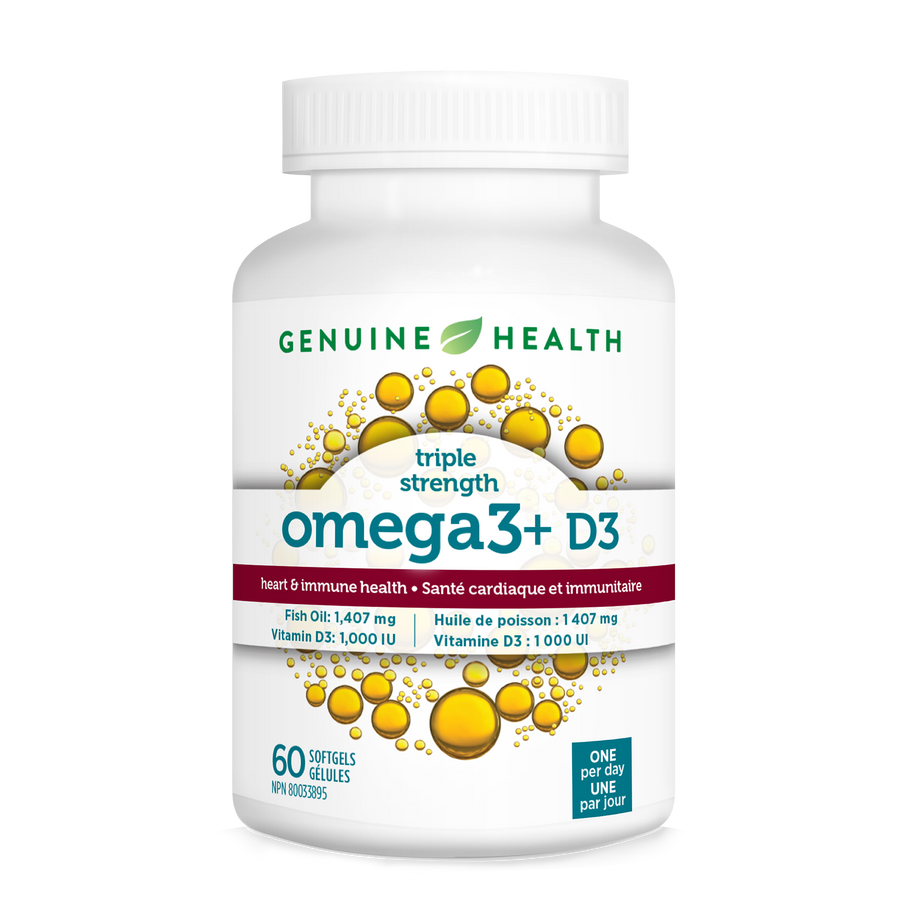 Omega-3 plus D3 supplement bottle from Genuine Health to support heart and immune health. Only one a day |60 softgels