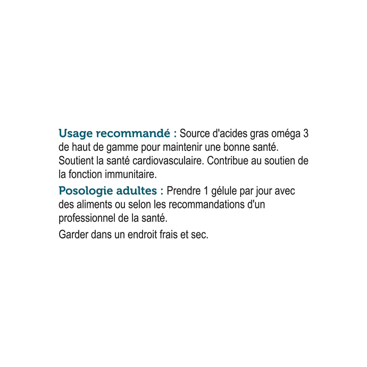Text in French describing usage recommendations and dosages for omega3 + D3| FR