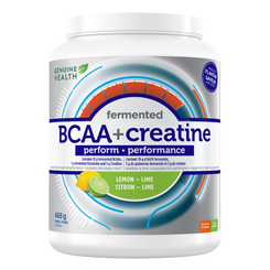 A container of Genuine Health's fermented BCAA+creatine in lemon-lime flavor, with a label showing the product name and the flavour |20 servings| 20 portions