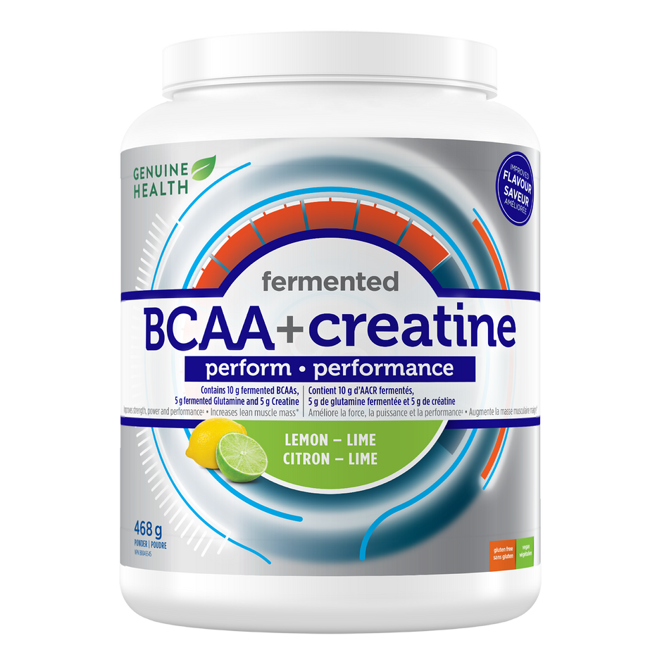 A container of Genuine Health's fermented BCAA+creatine in lemon-lime flavor, with a label showing the product name and the flavour |20 servings| 20 portions