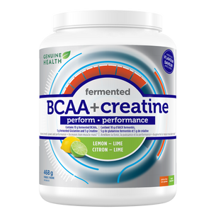 A container of Genuine Health's fermented BCAA+creatine in lemon-lime flavor, with a label showing the product name and the flavour |20 servings| 20 portions