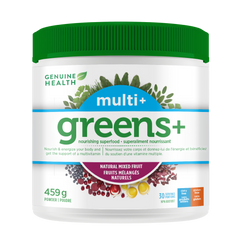 A container of greens+ multivitamin powder in mixed fruit flavor by Genuine Health which is a supplement that supports the immune system, bone health, and a healthy glucose metabolism in one easy scoop|459 g|30 servings