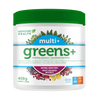 A container of greens+ multivitamin powder in mixed fruit flavor by Genuine Health which is a supplement that supports the immune system, bone health, and a healthy glucose metabolism in one easy scoop|459 g|30 servings