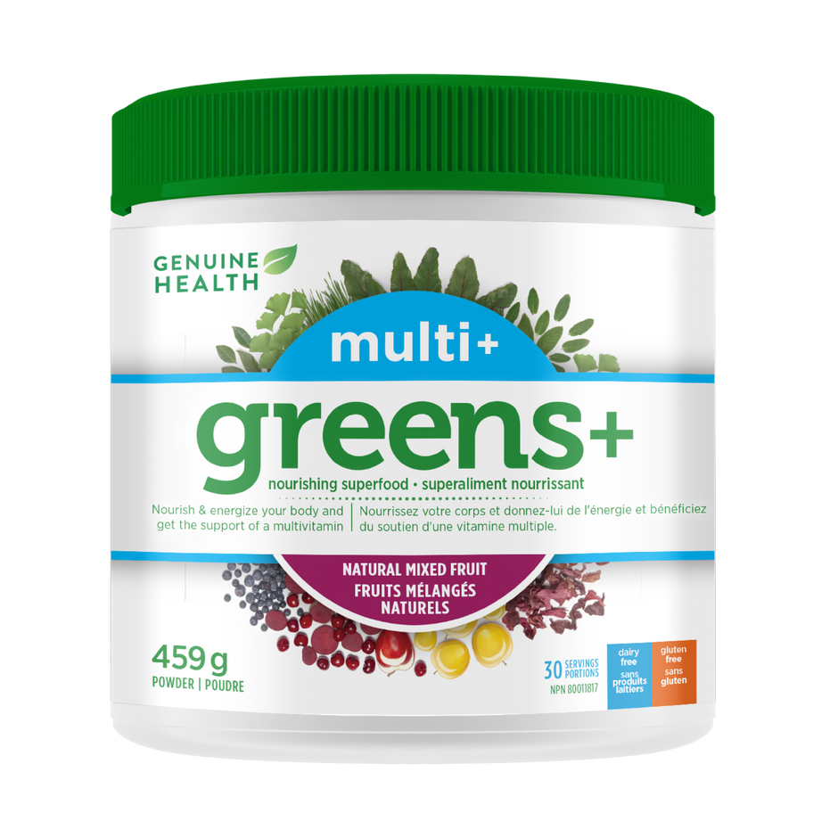 A container of greens+ multivitamin powder in mixed fruit flavor by Genuine Health which is a supplement that supports the immune system, bone health, and a healthy glucose metabolism in one easy scoop|459 g|30 servings