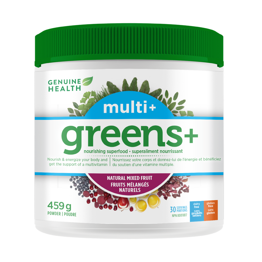 A container of greens+ multivitamin powder in mixed fruit flavor by Genuine Health which is a supplement that supports the immune system, bone health, and a healthy glucose metabolism in one easy scoop|459 g|30 servings