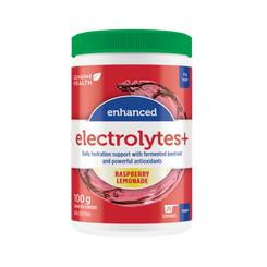 Container of Genuine Health Enhanced Electrolytes+ Raspberry Lemonade flavour |20 servings| EN