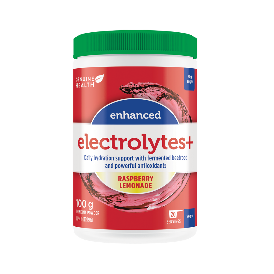 Container of Genuine Health Enhanced Electrolytes+ Raspberry Lemonade flavour |20 servings| EN