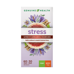 A package of Genuine Health 'stress' supplement, featuring saffron with ashwagandha and passionflower that builds resilience to mental and physical stress. Labeled as vegan and gluten-free.| EN