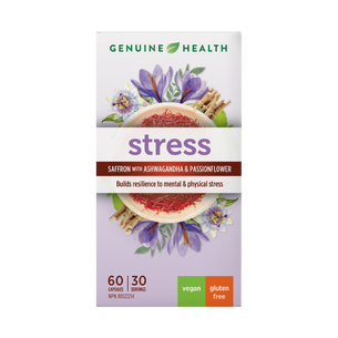 A package of Genuine Health 'stress' supplement, featuring saffron with ashwagandha and passionflower that builds resilience to mental and physical stress. Labeled as vegan and gluten-free.| EN