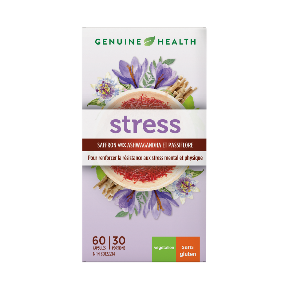 A package of Genuine Health 'stress' supplement in French, featuring saffron with ashwagandha and passionflower that builds resilience to mental and physical stress. Labeled as vegan and gluten-free |60 capsules |30 portions