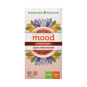 A package of Genuine Health 'mood' supplement, featuring saffron with turmeric that supports a healthy mood balance. Labeled as vegan and gluten-free.| EN