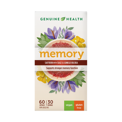 A package of Genuine Health memory supplement, featuring saffron with sage and ginkgo biloba. The product is labeled as vegan and gluten-free| EN