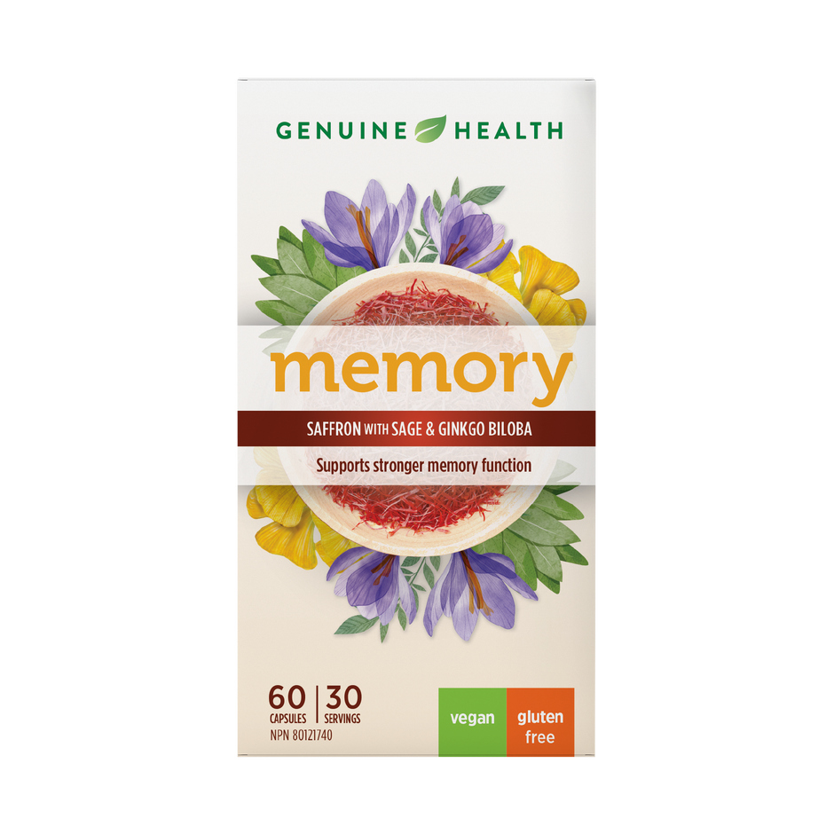 A package of Genuine Health memory supplement, featuring saffron with sage and ginkgo biloba. The product is labeled as vegan and gluten-free| EN